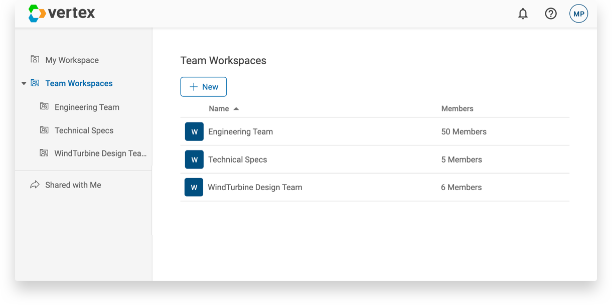A list of Team Workspaces